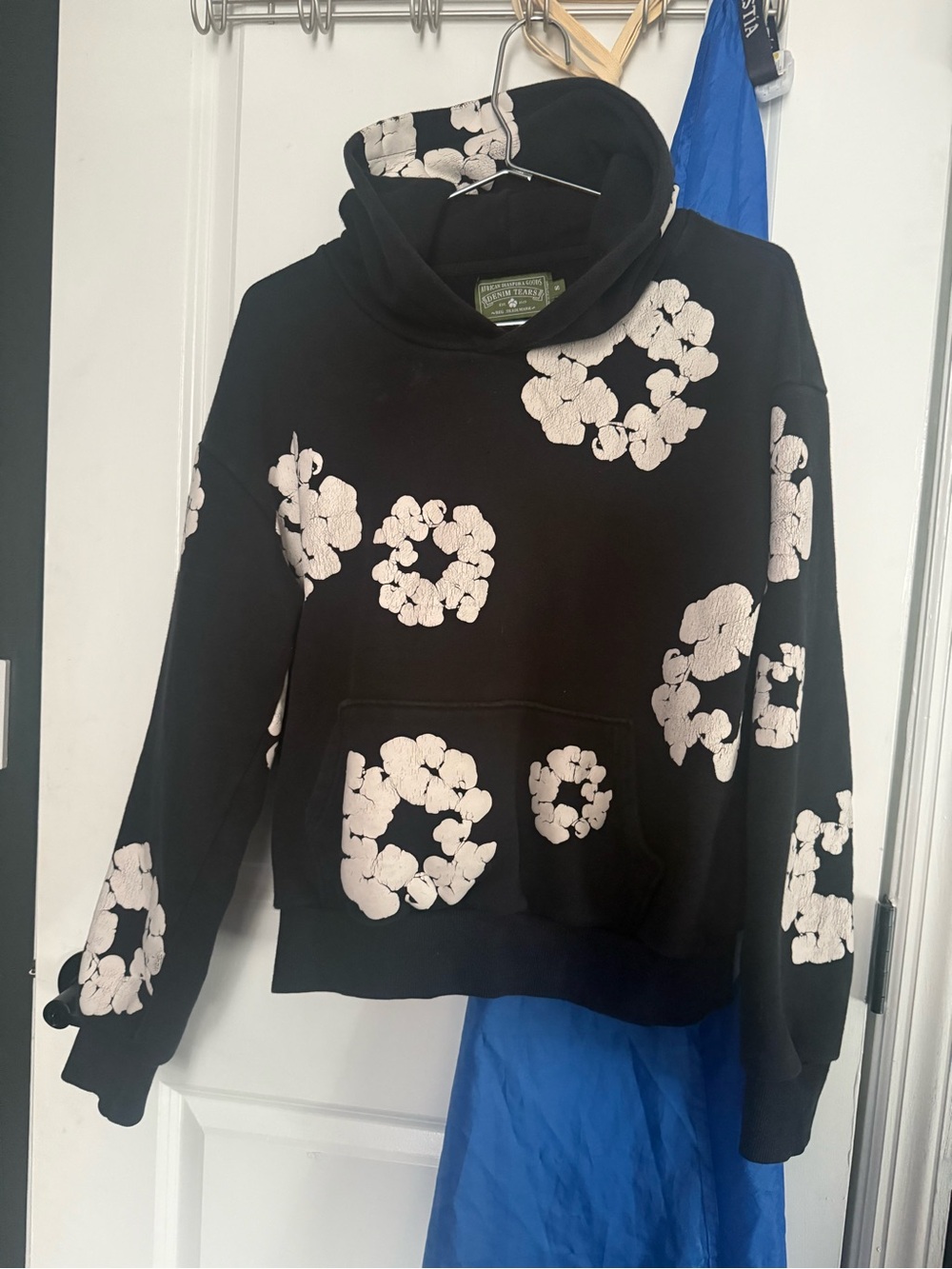 Black Floral Applique Hoodie with Cream Flower Motifs